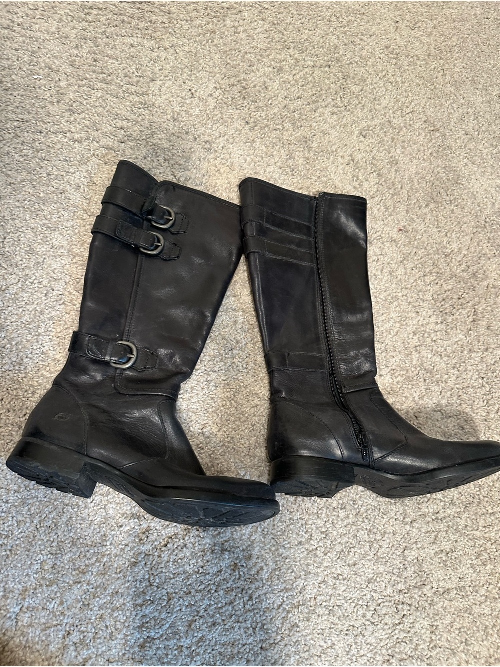 Born Black Leather Knee-High Riding Boots with Buckle Straps